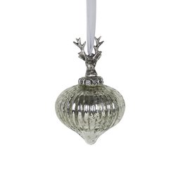 A silver-colored, ornamental glass ball with a deer-shaped ornament on top. The ball has a ribbed, textured surface and appears to be a decorative holiday or Christmas ornament.