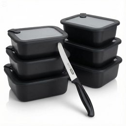  Black plastic meal prep containers with lids and a universal table knife. Suitable for storing and transporting meals.