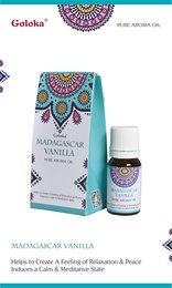 Goloka fragrance oil, Madagascar Vanilla 10ml. Essential oil with a sweet, warm vanilla scent. Packaged in a decorative box with a mandala design.
