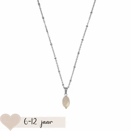 A delicate silver necklace with a rose quartz pendant, designed for children aged 6-12 years old.