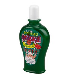 A green bottle of fun shampoo with a playful, cartoon-style design featuring a smiling character. The shampoo is marketed as being suitable for school-aged children.