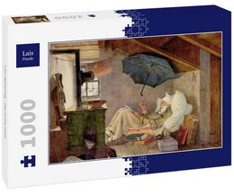 A 1000-piece puzzle depicting Carl Spitzweg's painting "The Poor Poet". The image shows an elderly man sitting at a desk, writing by the light of a candle, with a small umbrella shielding him from the rain.