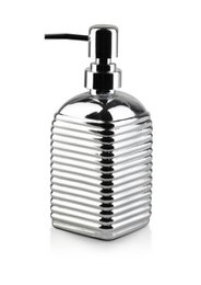 Silver soap dispenser with a tall, cylindrical shape and a ribbed texture. Measures approximately 19cm in height and 7.8cm in width. Suitable for use as a bathroom accessory or for dispensing liquid soap.
