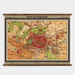 Vintage map of Paris and surrounding areas, featuring a detailed illustration of the city's layout and landmarks. The map showcases the city's iconic architecture, parks, and transportation routes.