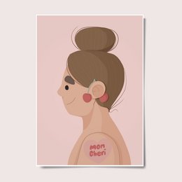 Nostalgic kids nursery art print featuring a woman with a bun hairstyle. Soft pink and brown color palette.
