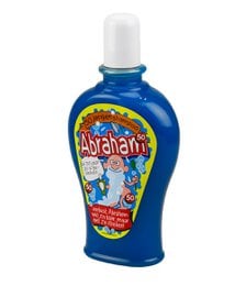 Vibrant blue bottle with colorful cartoon characters, labeled "Fun Shampoo - Abraham". Suitable for party decorations.