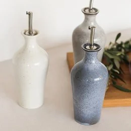 Ceramic oil and vinegar dispenser set, round bottle shape, available in white, cream, gray, blue colors, modern kitchen accessory.