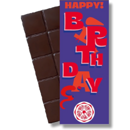  Dark chocolate bar with "Happy Birthday" text on the packaging. The chocolate bar is rectangular in shape and has a pink and blue packaging design with celebratory elements like a star and snowflake.