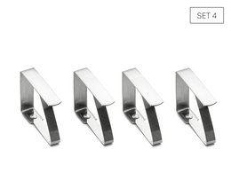 Set of 4 stainless steel tablecloth clips. Durable and rust-resistant material. Securely holds tablecloths in place. Suitable for indoor and outdoor use.
