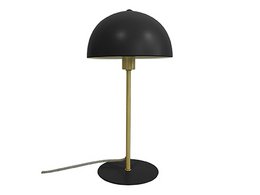 A black dome-shaped table lamp with a brass base and stem. The lamp has a simple, modern design that would complement a variety of decor styles.