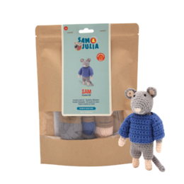  Crochet Kit - Sam: A DIY craft kit containing yarn, crochet hook, and instructions to create a blue crocheted figure. The kit includes materials for a handmade, customizable craft project.