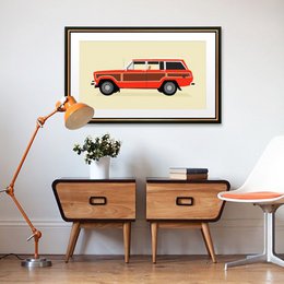 A large, red Jeep Grand Wagoneer wall art in a vintage style, available in two sizes (A3 and A4).