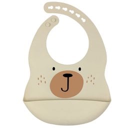 Silicone bib with a bear design in beige color. The bib features a bear face with a yellow circle in the center, and has a snap closure for easy use.