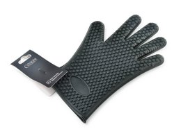  Black silicone oven glove with textured grip, designed for kitchen use. Measures 27x14cm.