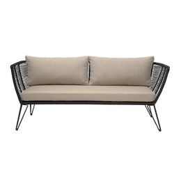Black metal outdoor sofa with beige cushions. Sleek, modern design with a minimalist aesthetic. Suitable for patio, balcony, or garden seating.