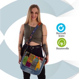 Bolso de hombro sostenible de mujer Sunsa. Bolso de hombro hecho de tela de jeans y sari reciclados (lienzo). Bolso estilo retro vintage. Bolso bandolera para mujer.