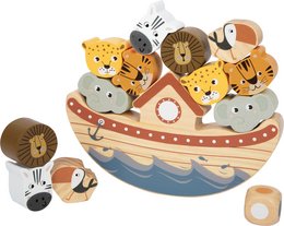 Wooden balancing game with safari-themed animal figures in a boat-shaped base. Includes various colorful animal shapes such as leopards, lions, and zebras.