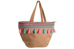 A large natural jute cotton bag with colorful tassels and a patterned trim. The bag has two handles and appears to be suitable for carrying various items.