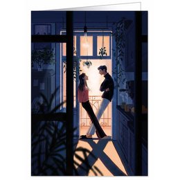 A romantic silhouette of a man and woman standing in a doorway, with the warm glow of light from inside the home visible.