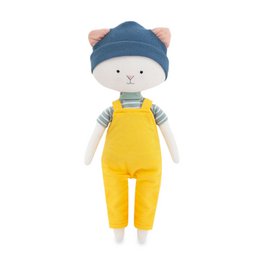 Plush toy cat with blue hat and yellow overalls. Soft, cuddly, and suitable for children.