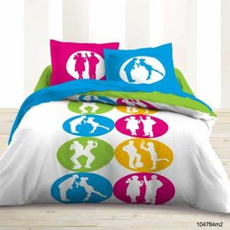  A 3-piece 100% cotton duvet set featuring a household scene with colorful silhouettes of people in various poses. The set includes a duvet cover and two pillowcases.