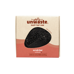A dark brown, exfoliating scrub bar made with coffee grounds and pine oil for a deep cleansing experience.