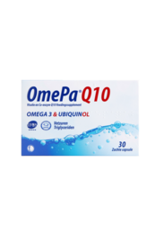 "OmePa Q10 omega-3 supplement capsules, red and white pills, blue packaging, heart health"