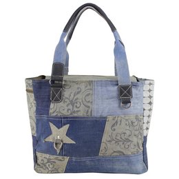 The Sunsa Women's Sustainable Handbag is a large, shoulder bag made from recycled jeans, canvas, and leather. It features a vintage, retro style with a patchwork design. The bag has a spacious interior and is suitable for everyday use.
