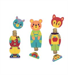 Colorful, whimsical pull-along toy with animal figures in various shapes, sizes, and patterns. Includes a dog, bear, and deer-like characters with textured surfaces and movable parts.