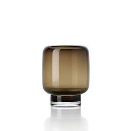  A small, square-shaped brown glass vase with a simple, minimalist design.