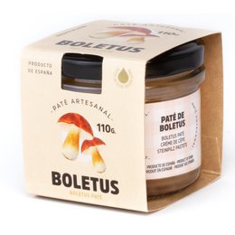 A savory porcini mushroom pâté in a glass jar, packaged in a cream-colored box with a mushroom illustration. The pâté is a specialty artisanal product from the Boletus brand.