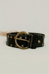  Black leather wide belt with gold studs and round buckle, edgy studded design