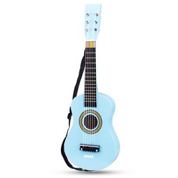 Blue acoustic guitar for kids, with 6 strings and a colorful design.