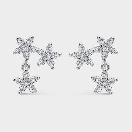  Silver flower-shaped earrings with zirconia stones, a delicate and elegant drop earring design.