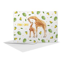 A hand-painted greeting card featuring a giraffe with the text "Take care" surrounded by tropical leaves. The card is A6 size and part of the Friendship Cards category.
