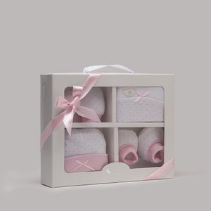 SET 4 STÜCK (MÜTZE + HANDSCHUHE + LÄTZCHEN + SOCKEN) FÜR NEUGEBORENE (0-6 MONATE) – 100 % BAUMWOLLE – MOD. ROSA