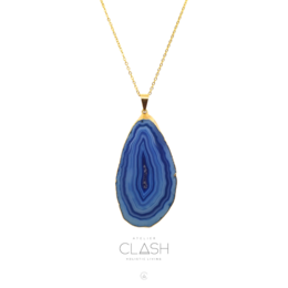 Blue patterned agate necklace pendant with golden edge, 75cm or 60cm chain length, charms category.