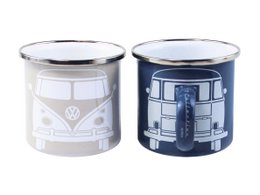 Two 350ml enamel mugs featuring the iconic Volkswagen T1 Bus design in blue/grey and beige/white color schemes, presented in a gift box.