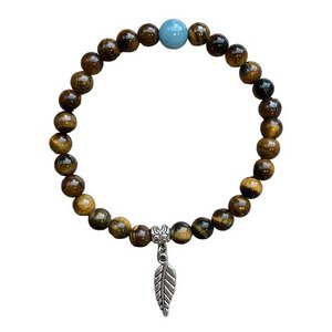 Women's bracelet Tiger Eye 6 mm with feather charm