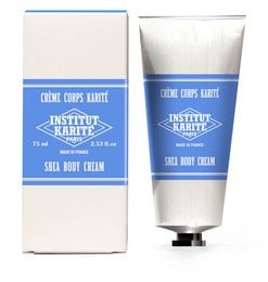Shea body cream with 75 mL of moisturizing milk cream formula. Gentle and nourishing for soft, smooth skin.