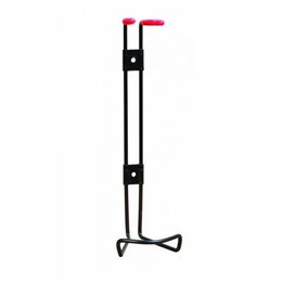 Black metal wall-mounted fire extinguisher holder with red handles.