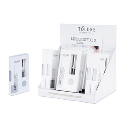 The product is a Tolure Lipboost® X10 clear Display (8pc + 1 Free Sample) + 20 Folder, which is a lip product. The image shows the product packaging and some additional items. The description should focus on the key details that would be relevant for a semantic search, including the colors, materials, style, and shape of the product.
Description: The Tolure Lipboost® X10 clear Display is a set of 8 lip products with 1 free sample, packaged in a clear display. The products have a sleek, minimalist design with a white and silver color scheme. The lip products are likely made of a clear, glossy formula. The display packaging is rectangular in shape and made of a transparent material, allowing the products to be easily visible.