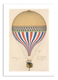 Vintage hot air balloon postcard with colorful striped design and intricate woven pattern on the balloon.