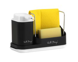 Black kitchen organizer with liquid dispenser and sponge holder. Rectangular shape, made of plastic material.