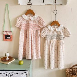  Smocked kids dress, puff sleeves, pink cream floral print, girls 2-7 years, vintage style