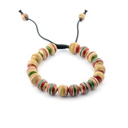 Colorful recycled skateboard wood bead bracelet with adjustable cord.