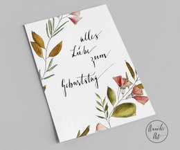 Colorful floral birthday card with handwritten text "Alles Liebe zum Geburtstag" (All the best for your birthday).