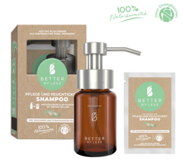Glass bottle with black pump head, organic shampoo, natural ingredients, suitable for all hair types.
