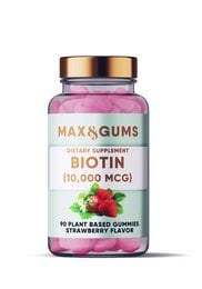 Biotin supplement with 10,000 mcg per serving, featuring a plant-based formula with strawberry flavor.