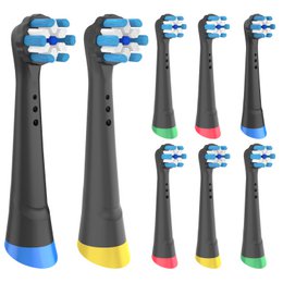  Black electric toothbrush heads compatible with Oral B IO toothbrushes, featuring soft bristles for gentle cleaning and a pack of 8 replacement heads.